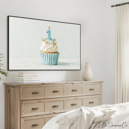 Blue First Birthday Cupcake Frame TV Art displayed on a TV