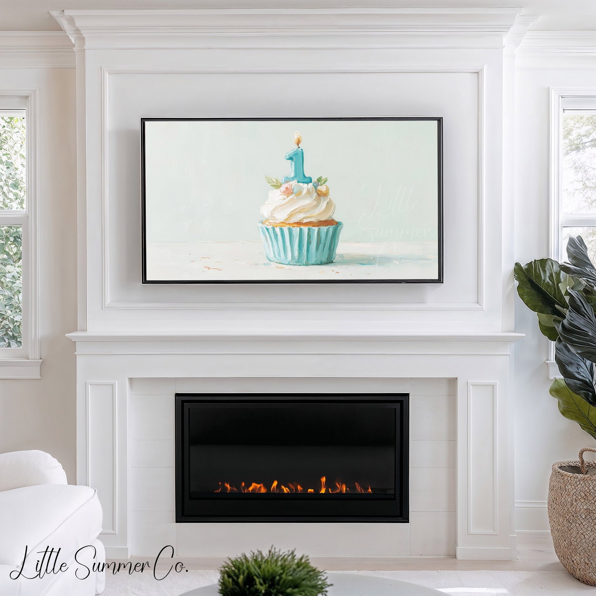 Blue First Birthday Cupcake Frame TV Art displayed on a TV