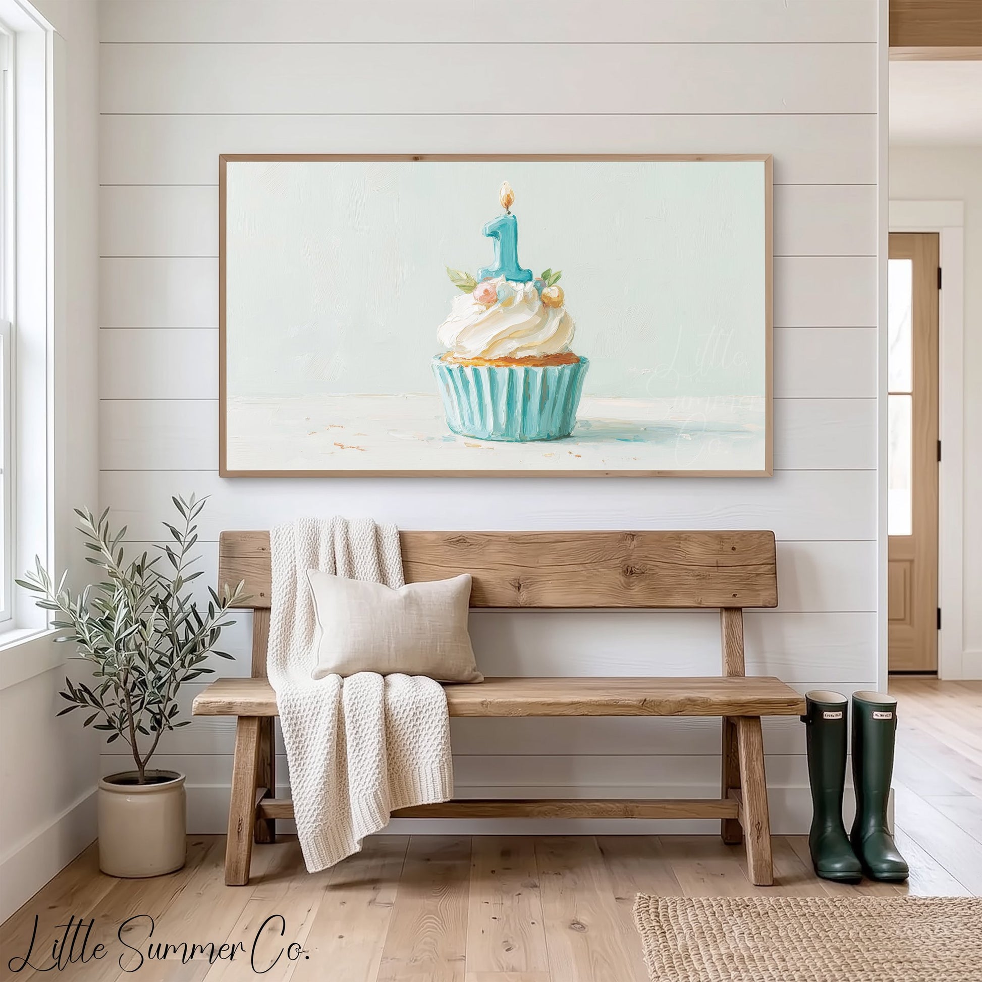 Blue First Birthday Cupcake Frame TV Art displayed on a TV