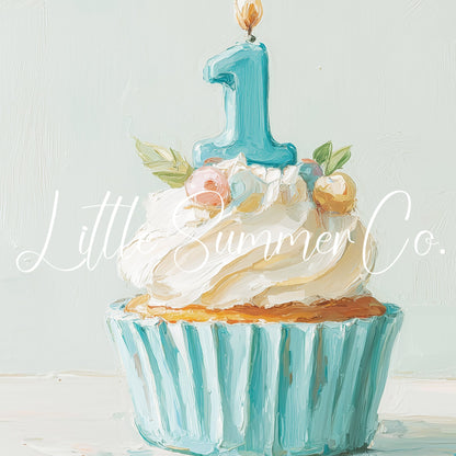 Blue First Birthday Cupcake Frame TV Art displayed on a TV