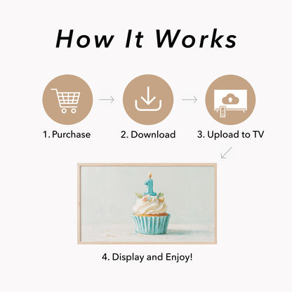 Blue First Birthday Cupcake Frame TV Art displayed on a TV