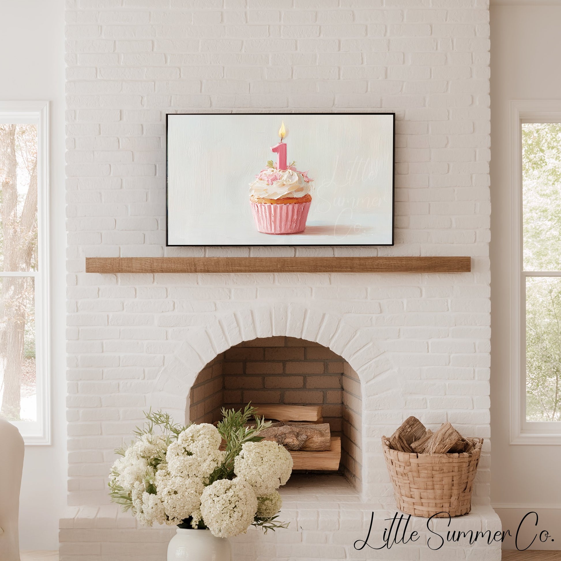 Pink First Birthday Cupcake Frame TV Art displayed on a TV