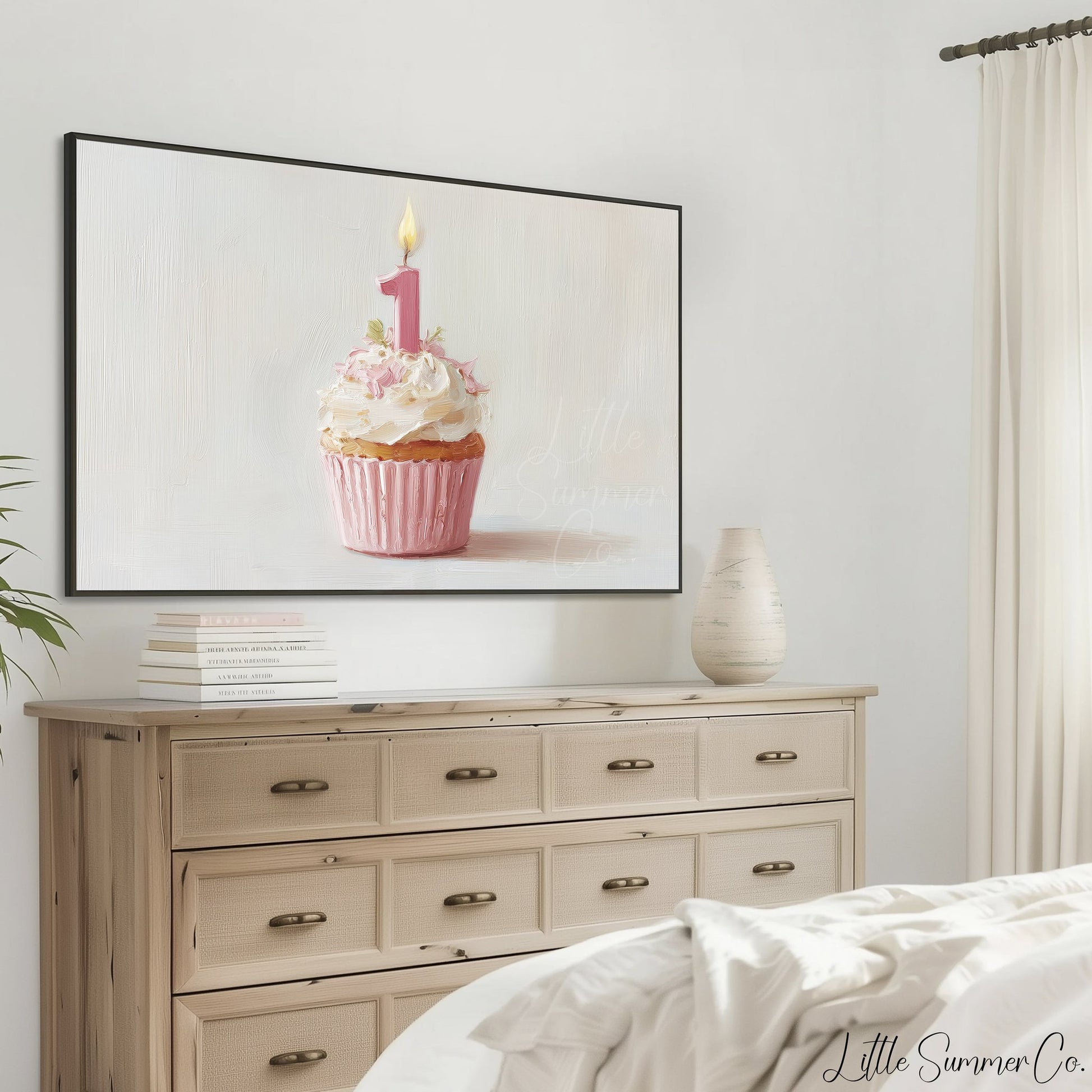 Pink First Birthday Cupcake Frame TV Art displayed on a TV