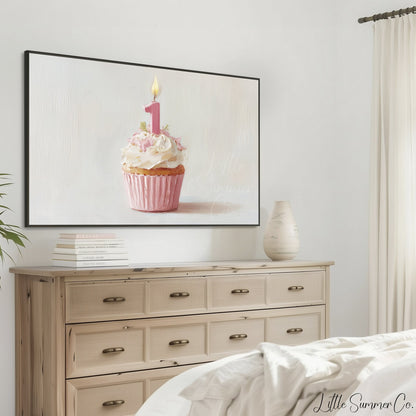 Pink First Birthday Cupcake Frame TV Art displayed on a TV