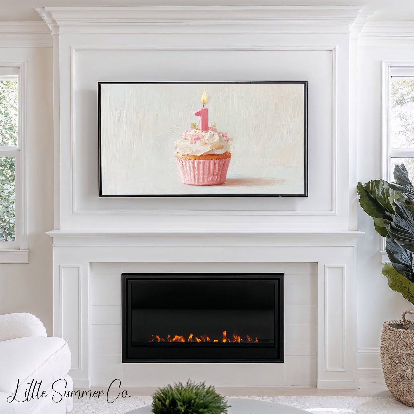 Pink First Birthday Cupcake Frame TV Art displayed on a TV
