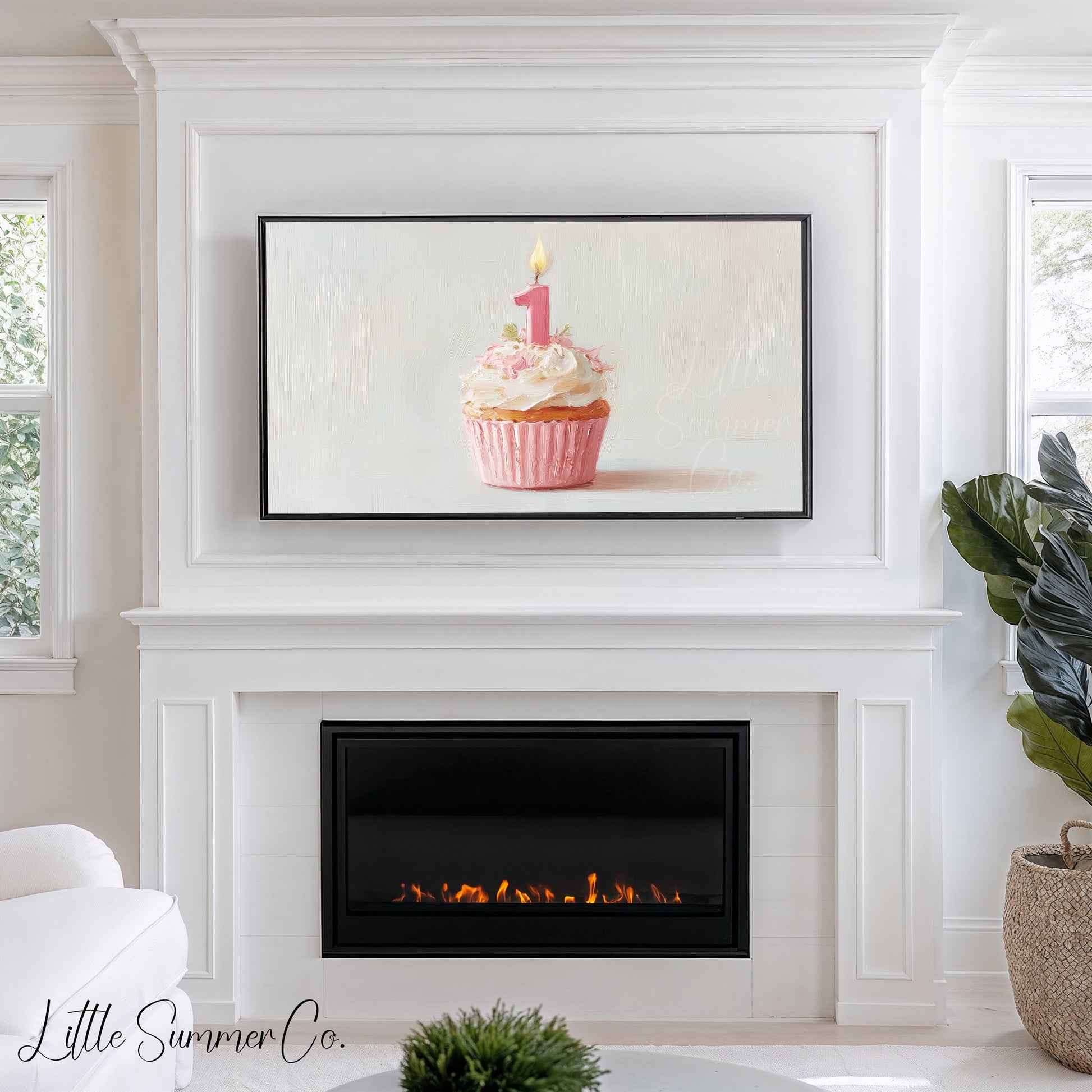 Pink First Birthday Cupcake Frame TV Art displayed on a TV