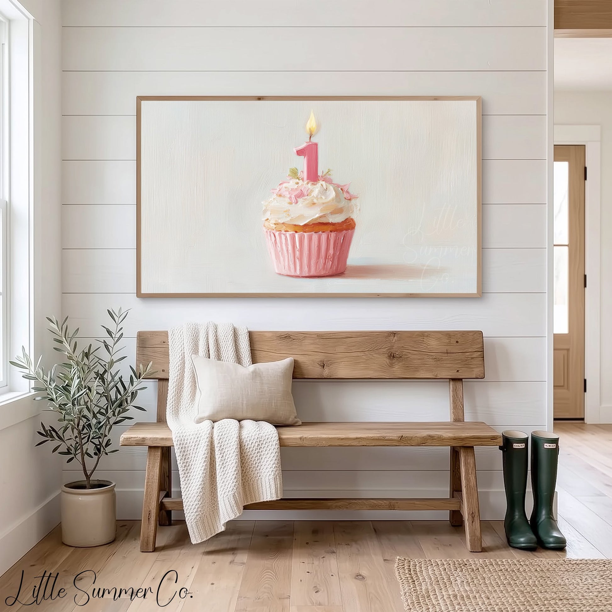 Pink First Birthday Cupcake Frame TV Art displayed on a TV