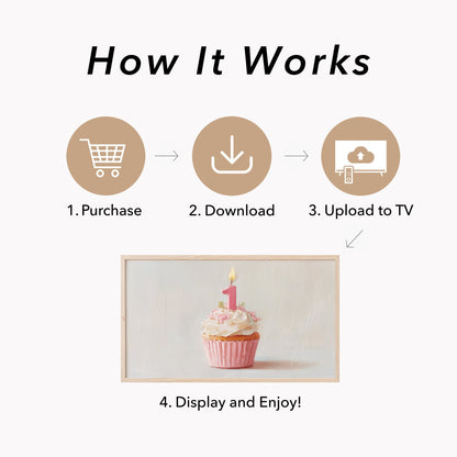 Pink First Birthday Cupcake Frame TV Art displayed on a TV