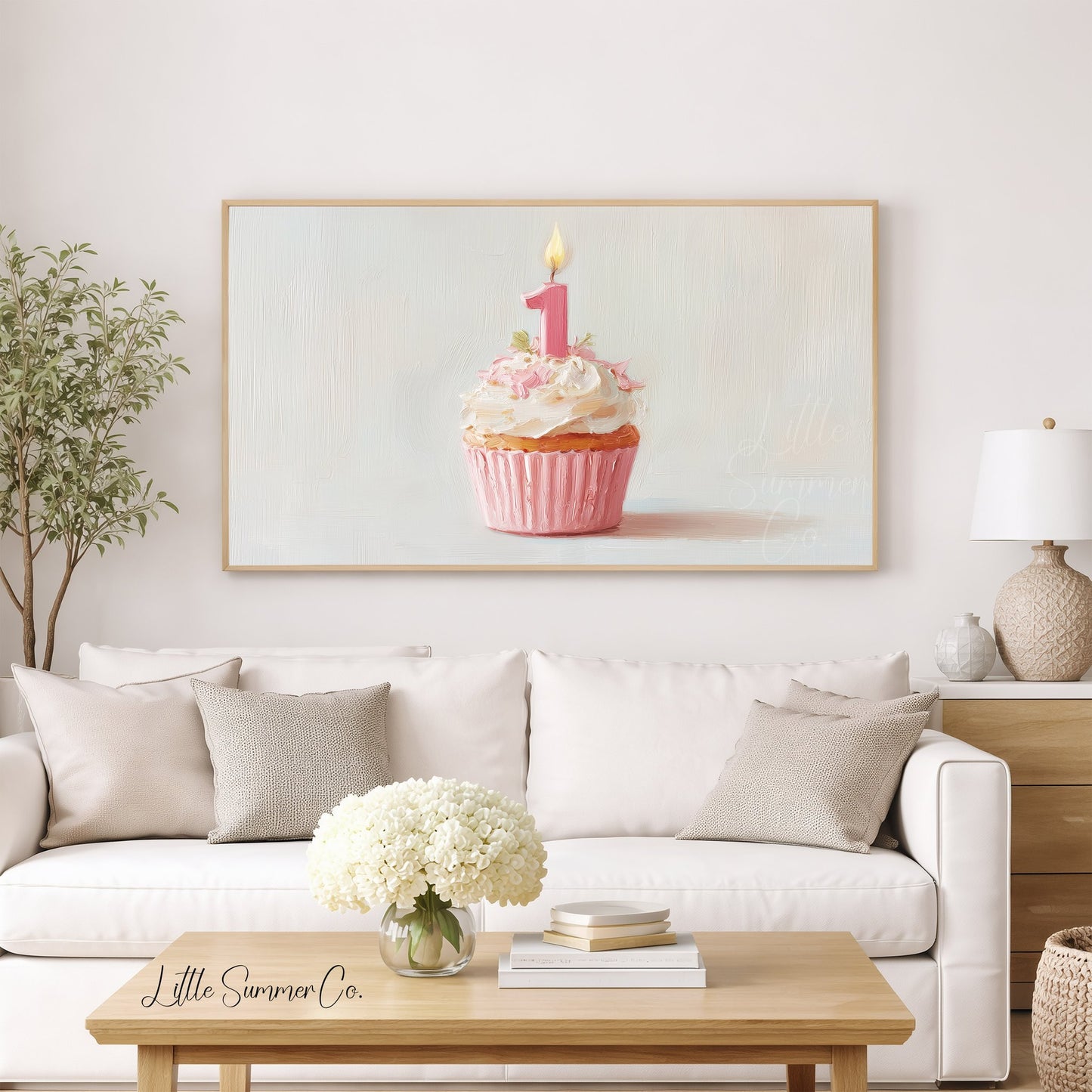 Pink First Birthday Cupcake Frame TV Art displayed on a TV