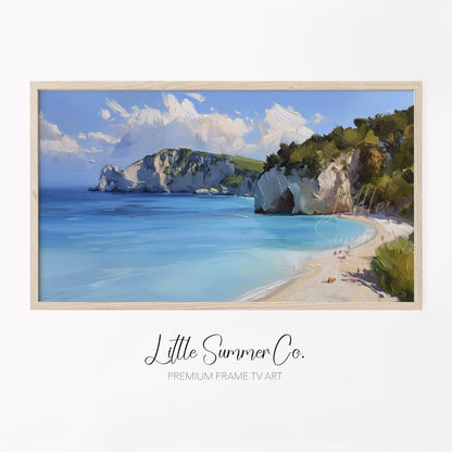 Sandy Beach Sea Cliffs Frame TV Art displayed on a TV