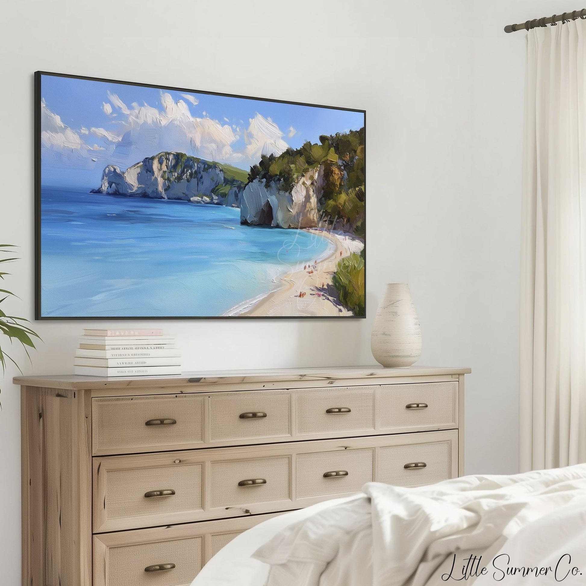 Sandy Beach Sea Cliffs Frame TV Art displayed on a TV