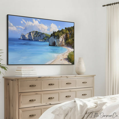 Sandy Beach Sea Cliffs Frame TV Art displayed on a TV