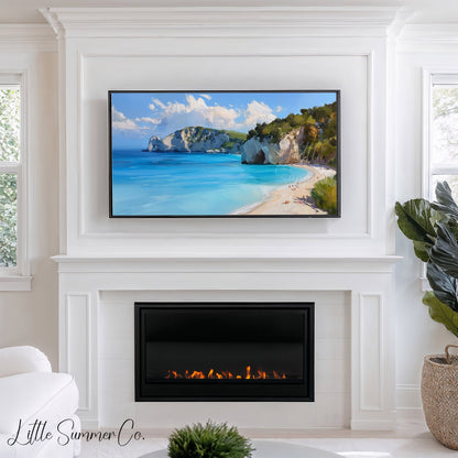 Sandy Beach Sea Cliffs Frame TV Art displayed on a TV