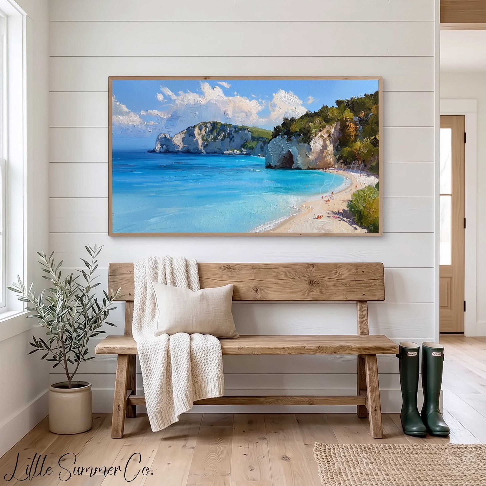 Sandy Beach Sea Cliffs Frame TV Art displayed on a TV