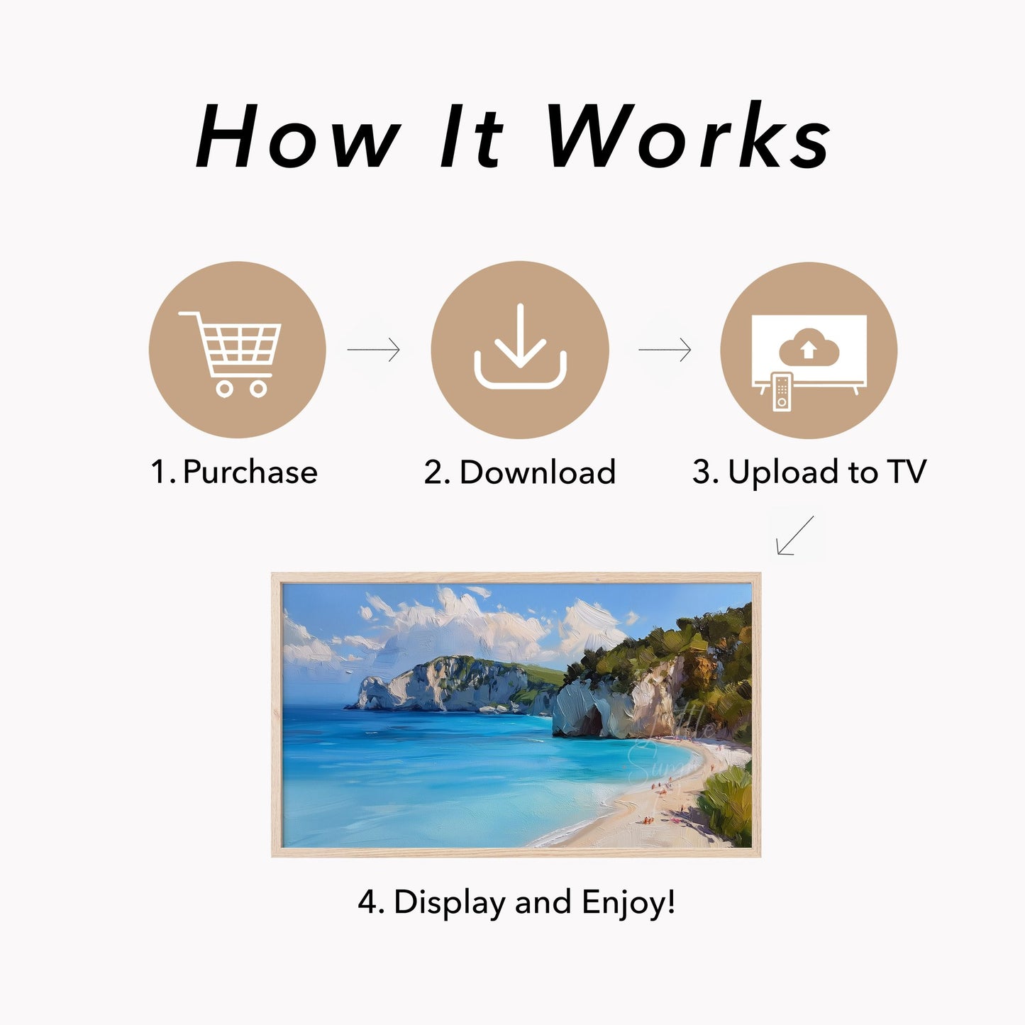 Sandy Beach Sea Cliffs Frame TV Art displayed on a TV