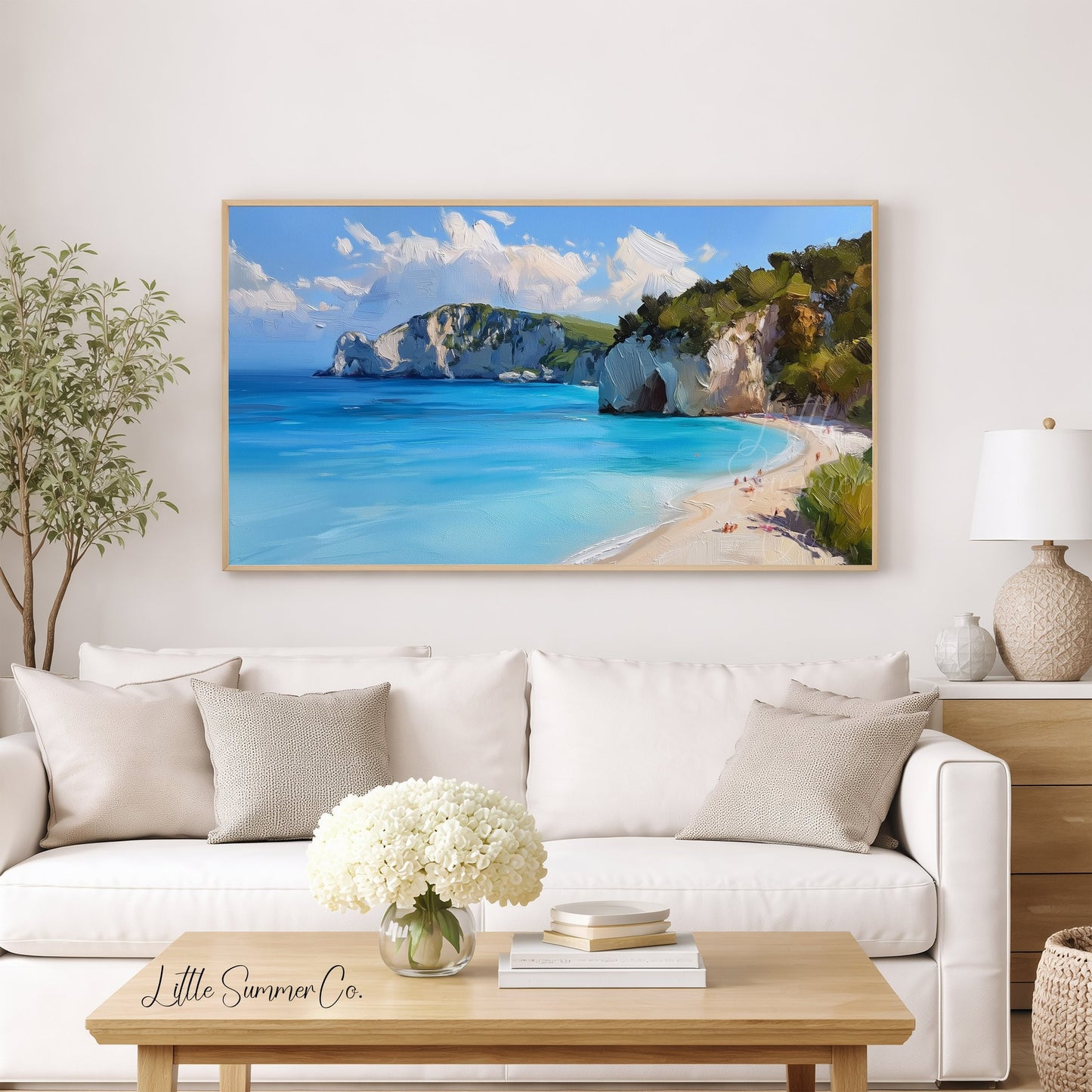 Sandy Beach Sea Cliffs Frame TV Art displayed on a TV