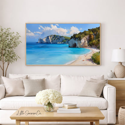 Sandy Beach Sea Cliffs Frame TV Art displayed on a TV