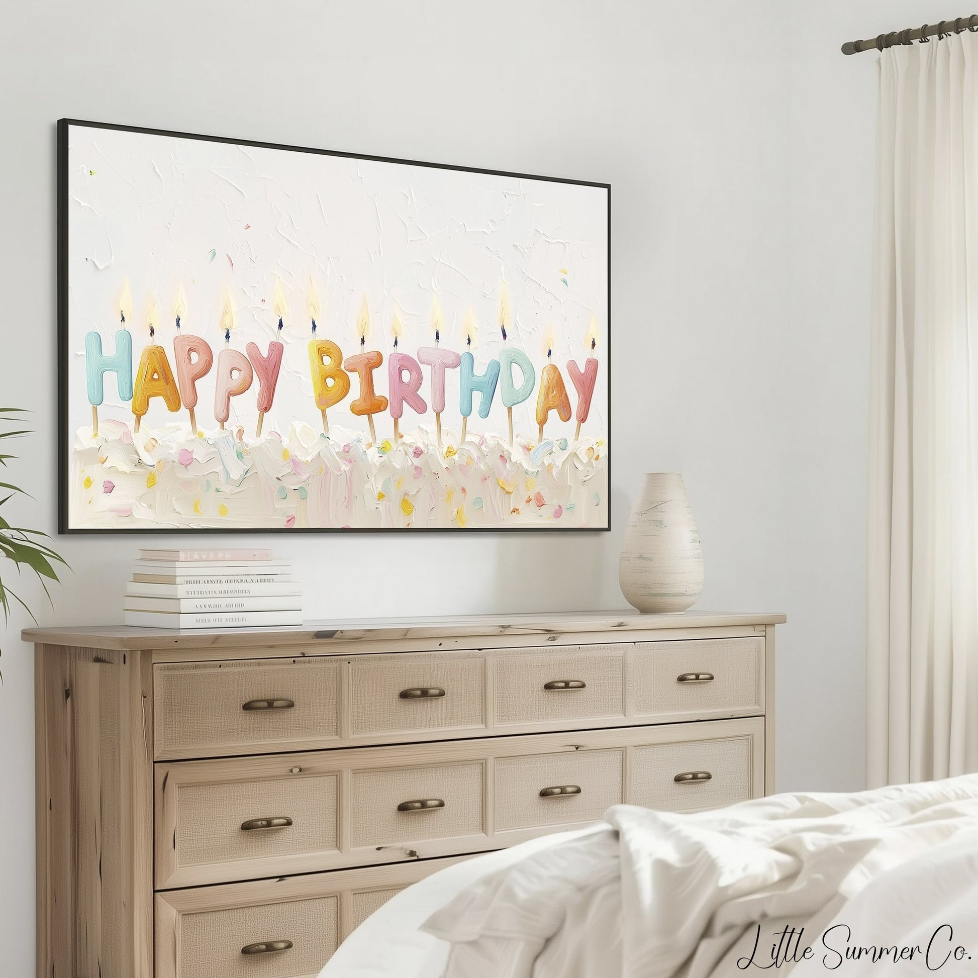 Happy Birthday Cake Candles Frame TV Art displayed on a TV