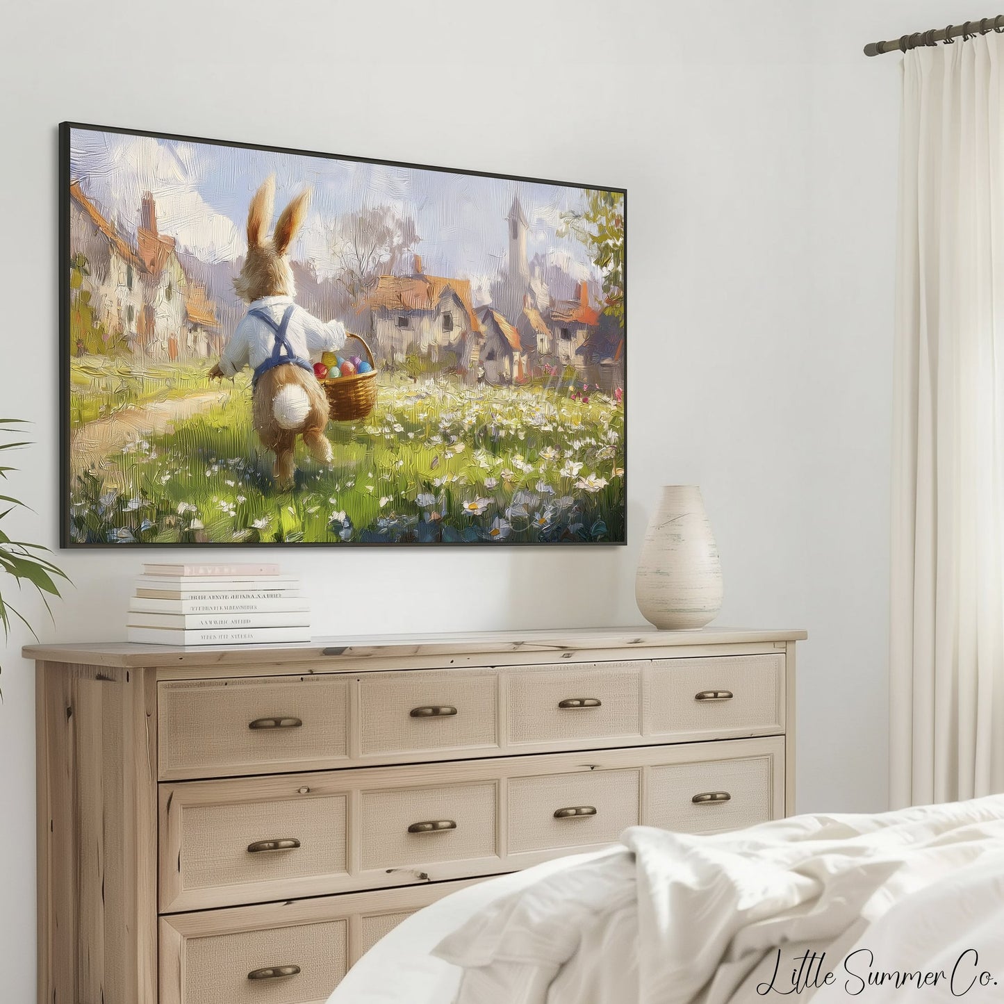 Easter Bunny Daisy Meadow Frame TV Art displayed on a TV