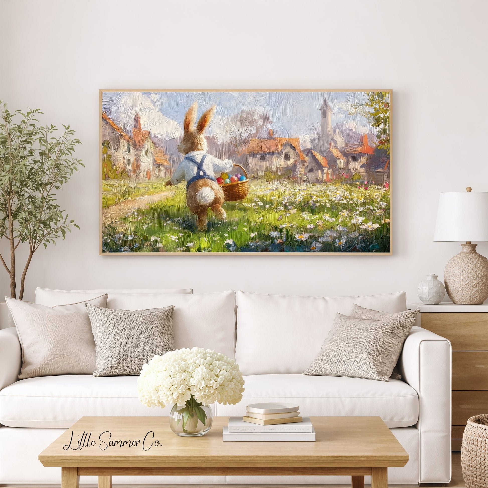 Easter Bunny Daisy Meadow Frame TV Art displayed on a TV