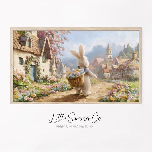 Easter Bunny Cottage Village Frame TV Art displayed on a TV