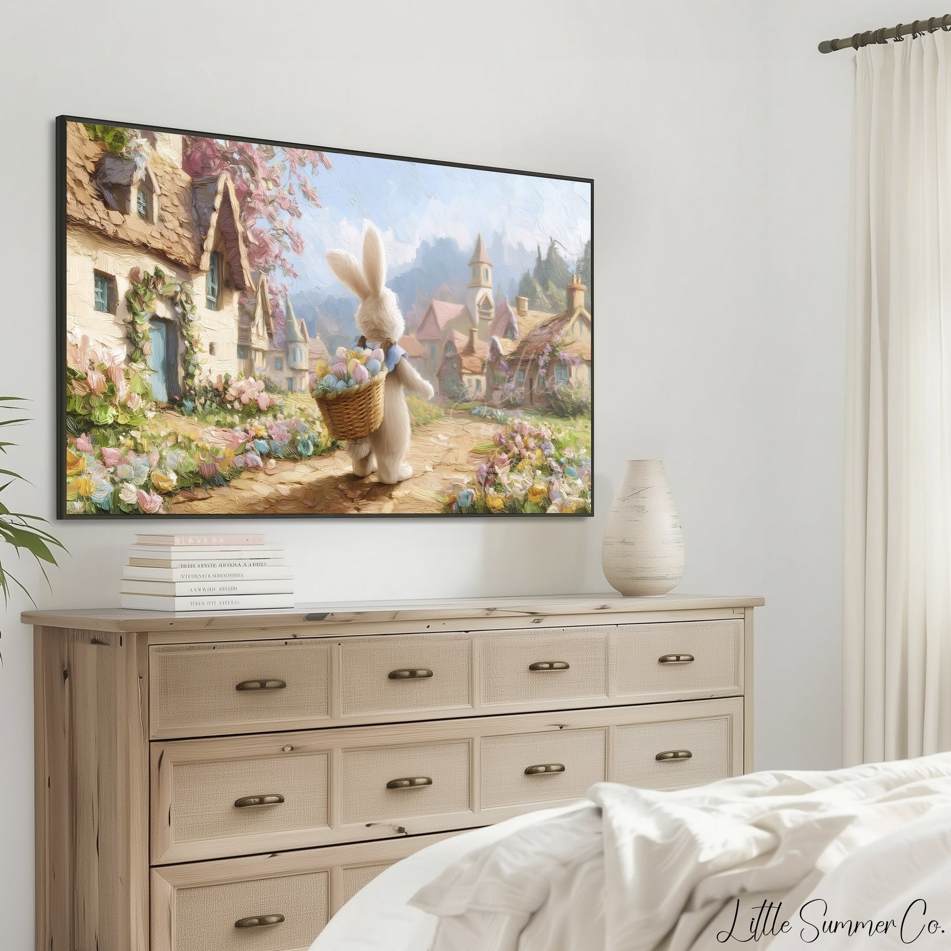 Easter Bunny Cottage Village Frame TV Art displayed on a TV