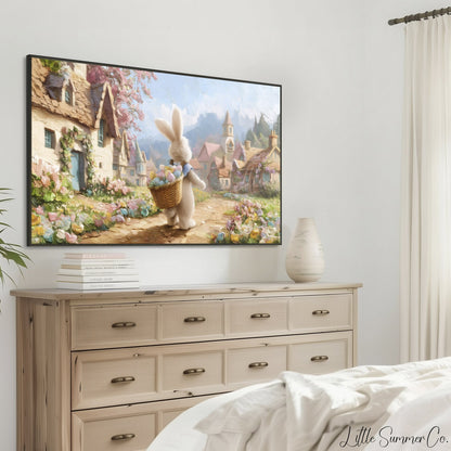 Easter Bunny Cottage Village Frame TV Art displayed on a TV
