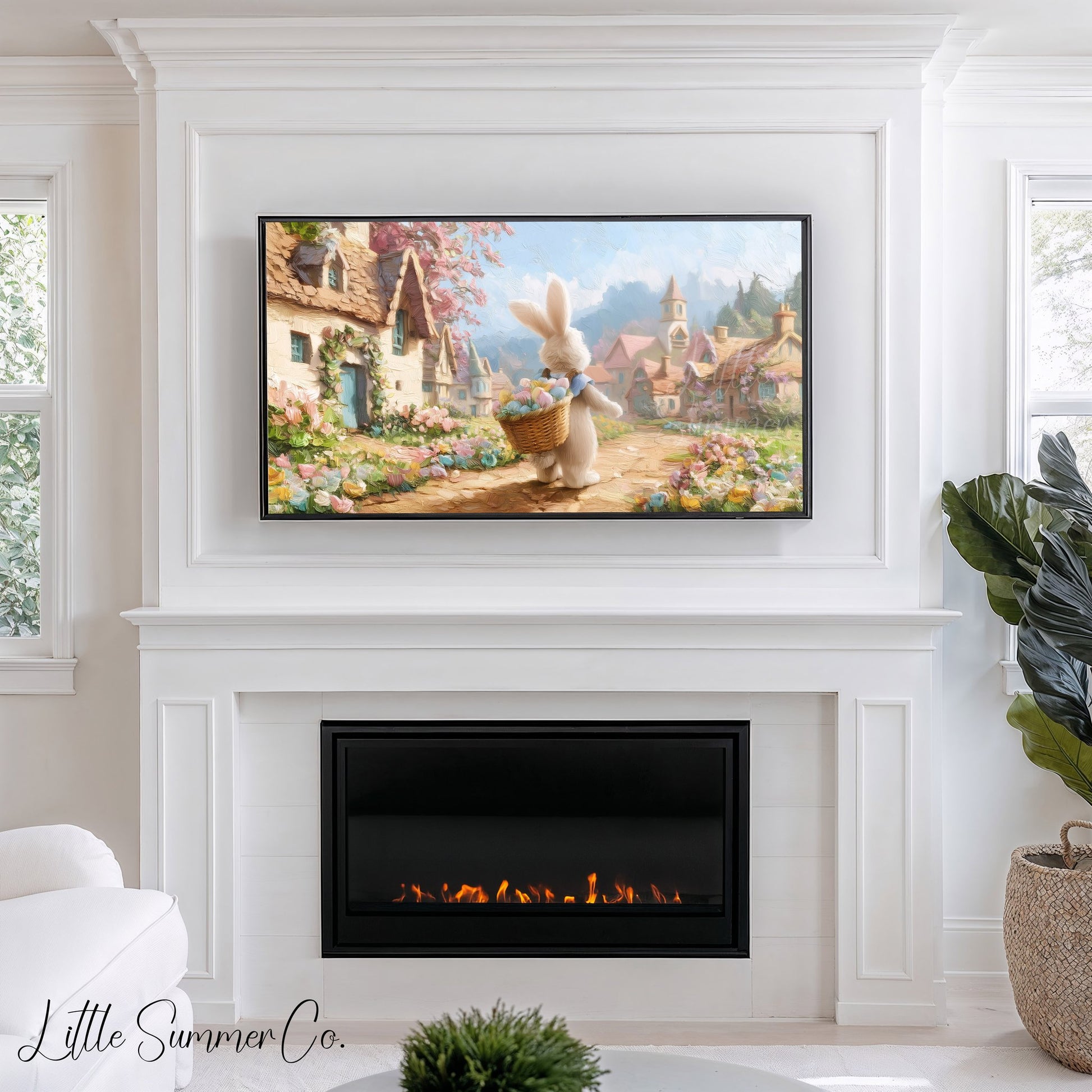 Easter Bunny Cottage Village Frame TV Art displayed on a TV