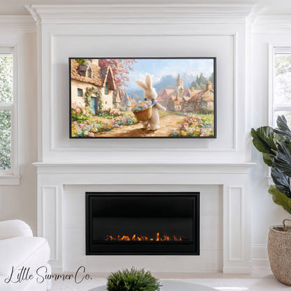 Easter Bunny Cottage Village Frame TV Art displayed on a TV