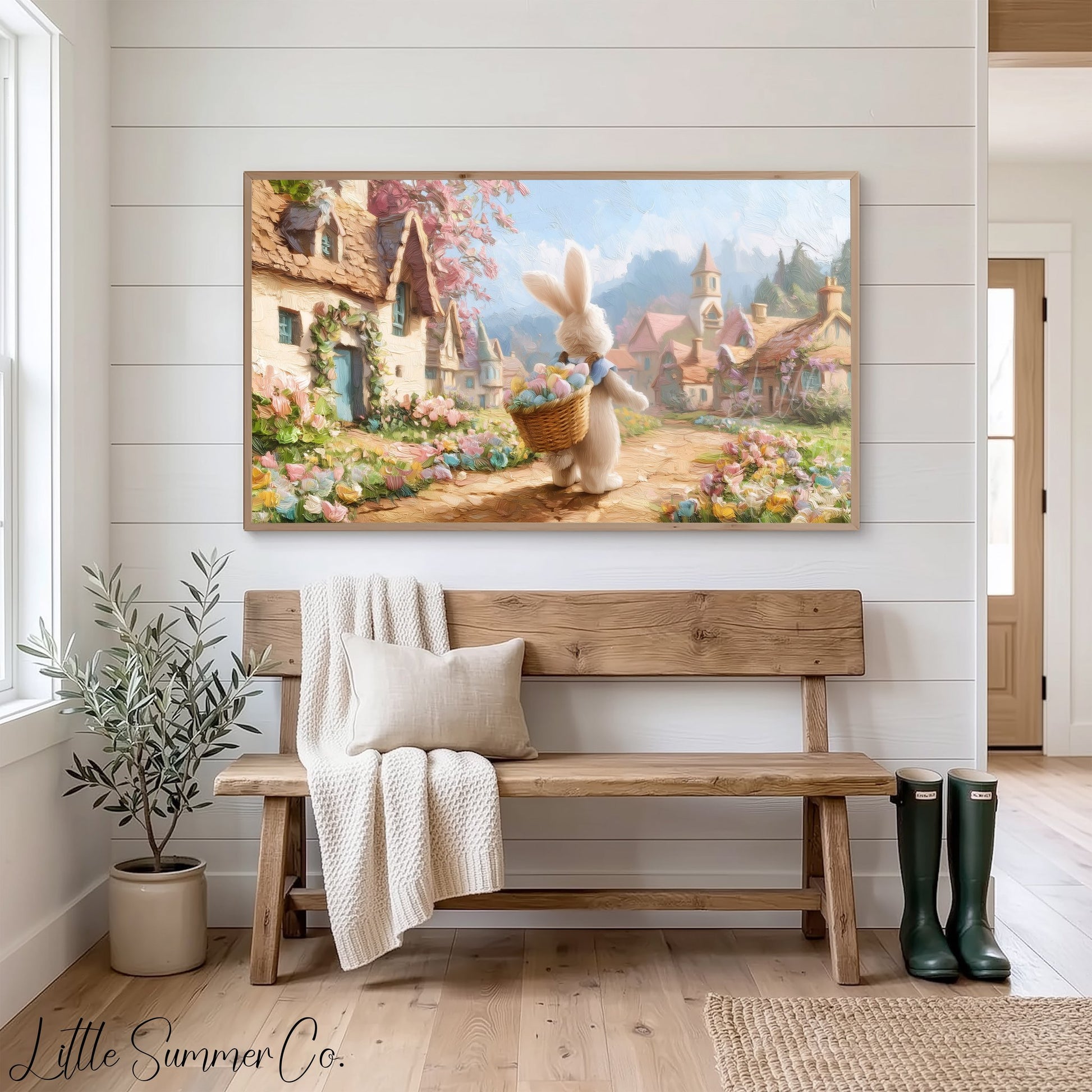 Easter Bunny Cottage Village Frame TV Art displayed on a TV
