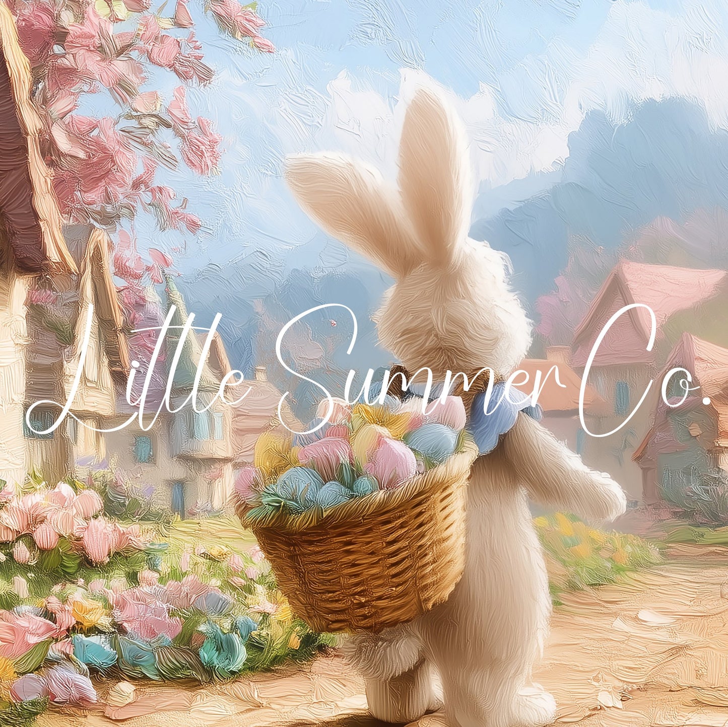 Easter Bunny Cottage Village Frame TV Art displayed on a TV