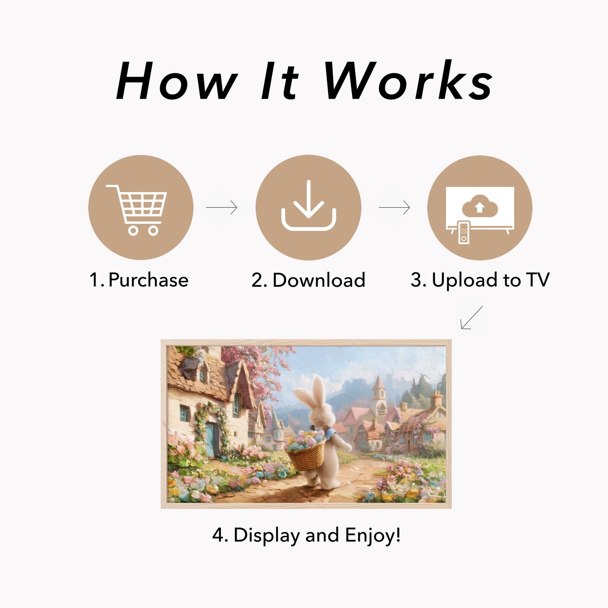 Easter Bunny Cottage Village Frame TV Art displayed on a TV