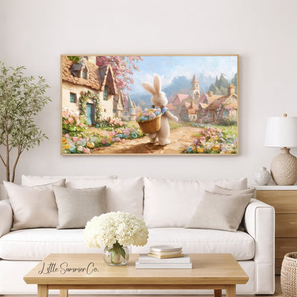 Easter Bunny Cottage Village Frame TV Art displayed on a TV