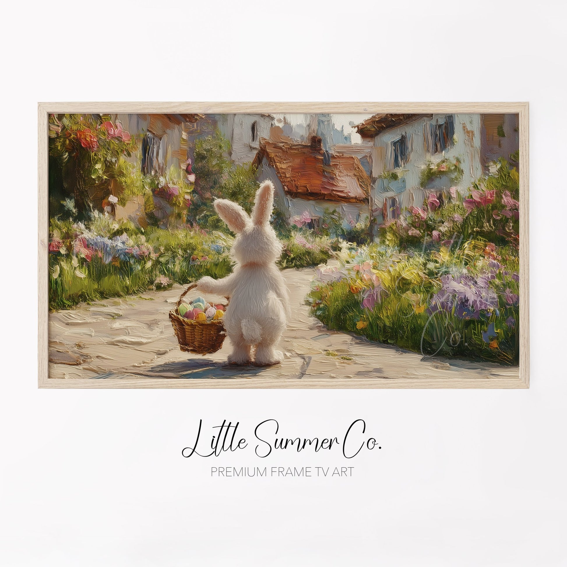 Easter Bunny Flower Village Frame TV Art displayed on a TV