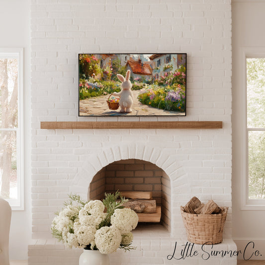 Easter Bunny Flower Village Frame TV Art displayed on a TV