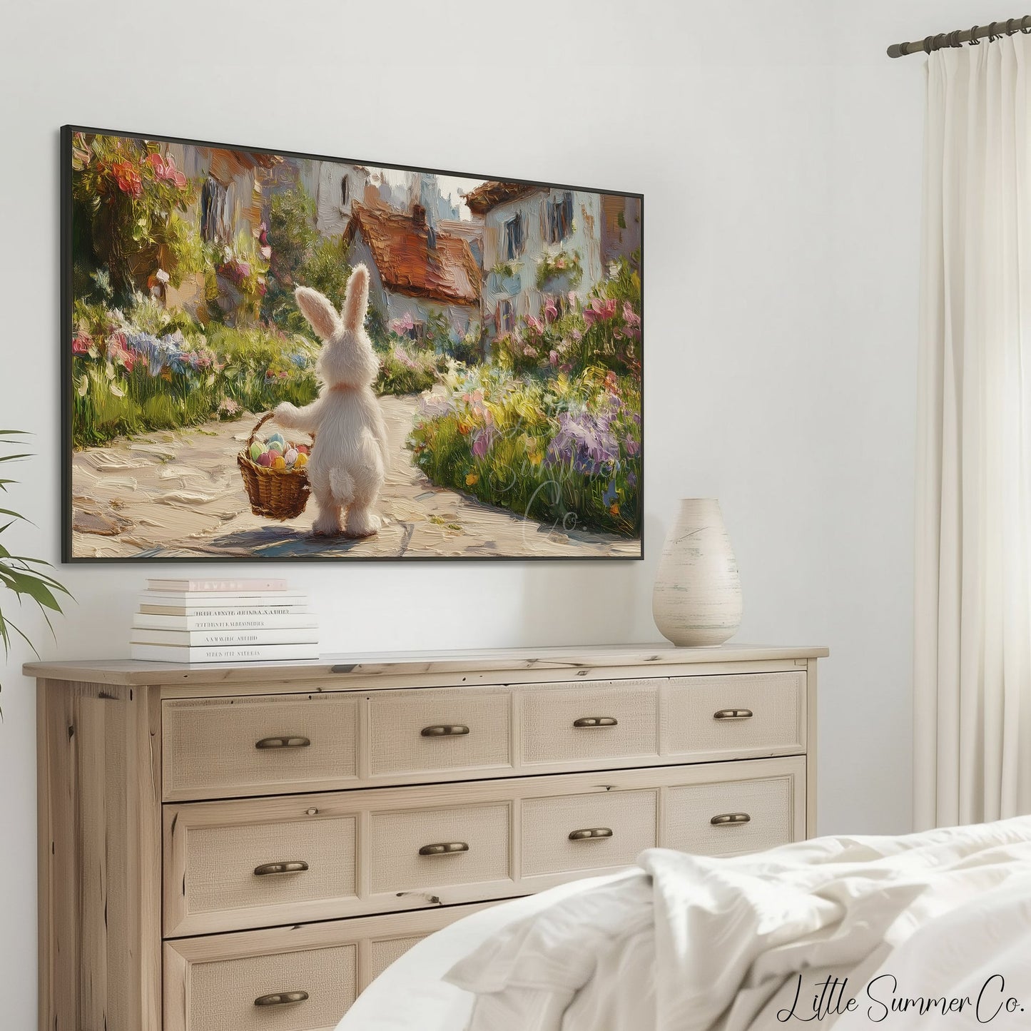 Easter Bunny Flower Village Frame TV Art displayed on a TV