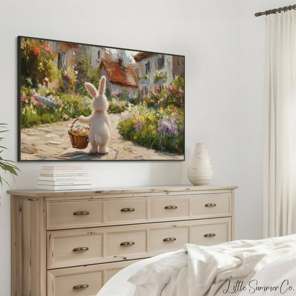 Easter Bunny Flower Village Frame TV Art displayed on a TV