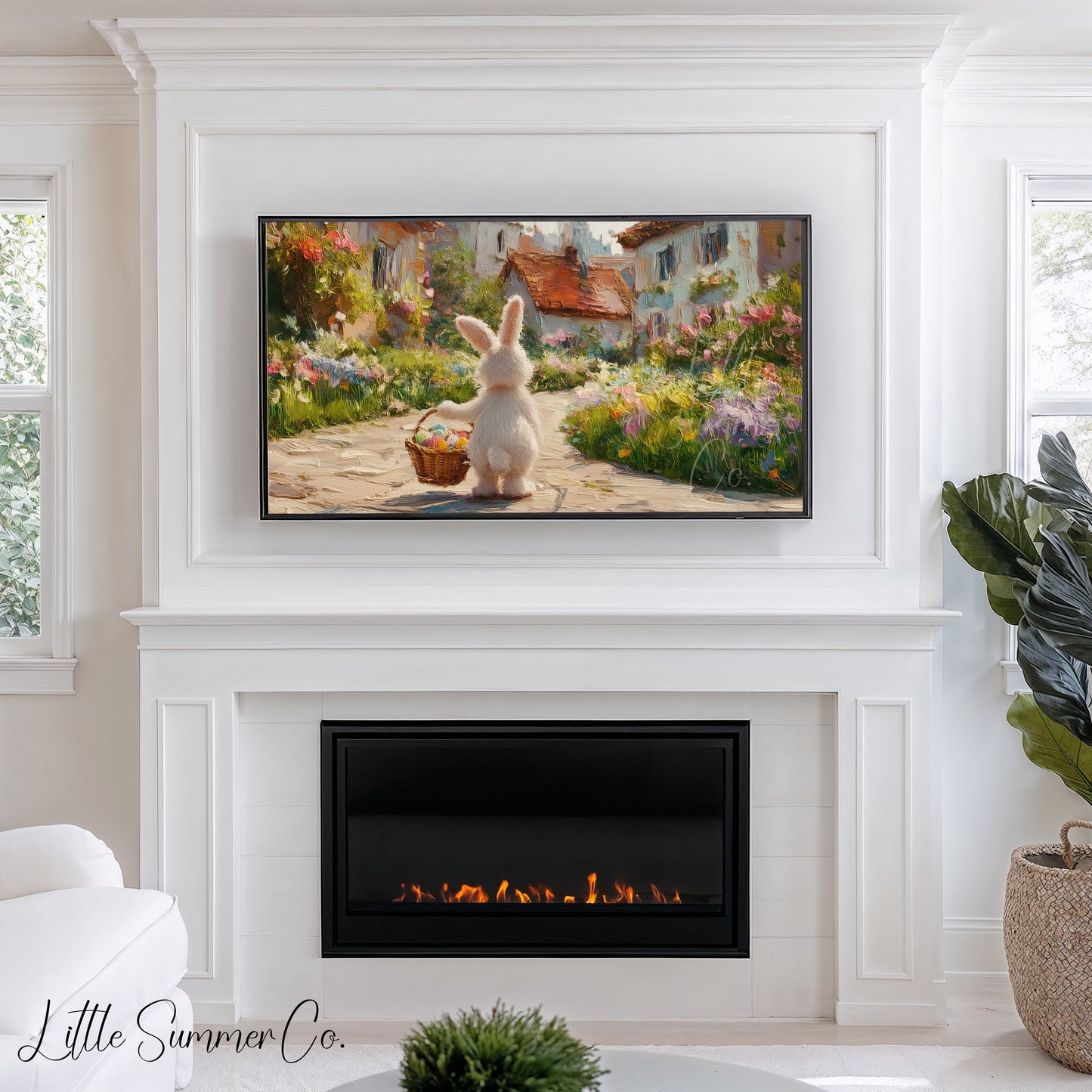 Easter Bunny Flower Village Frame TV Art displayed on a TV
