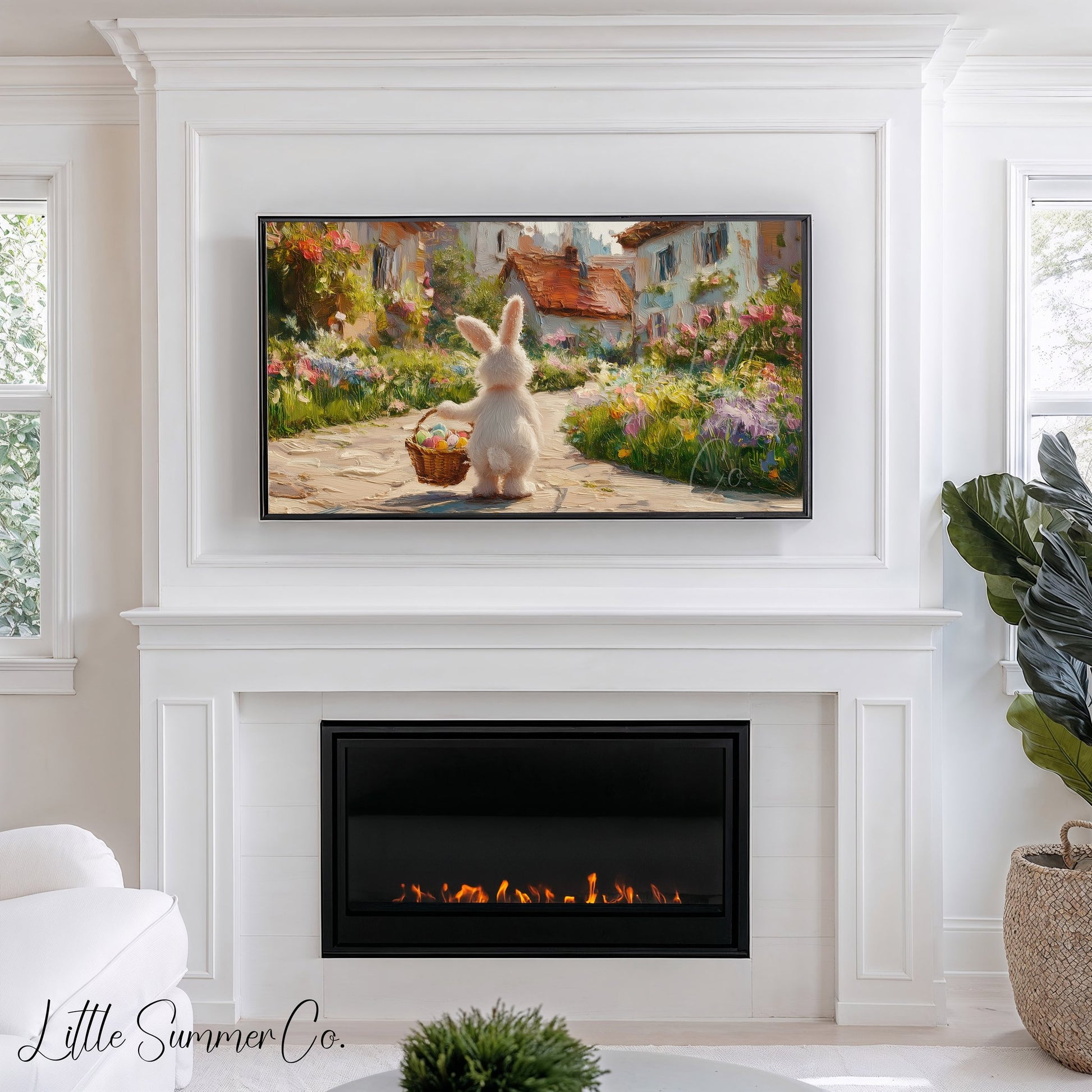Easter Bunny Flower Village Frame TV Art displayed on a TV