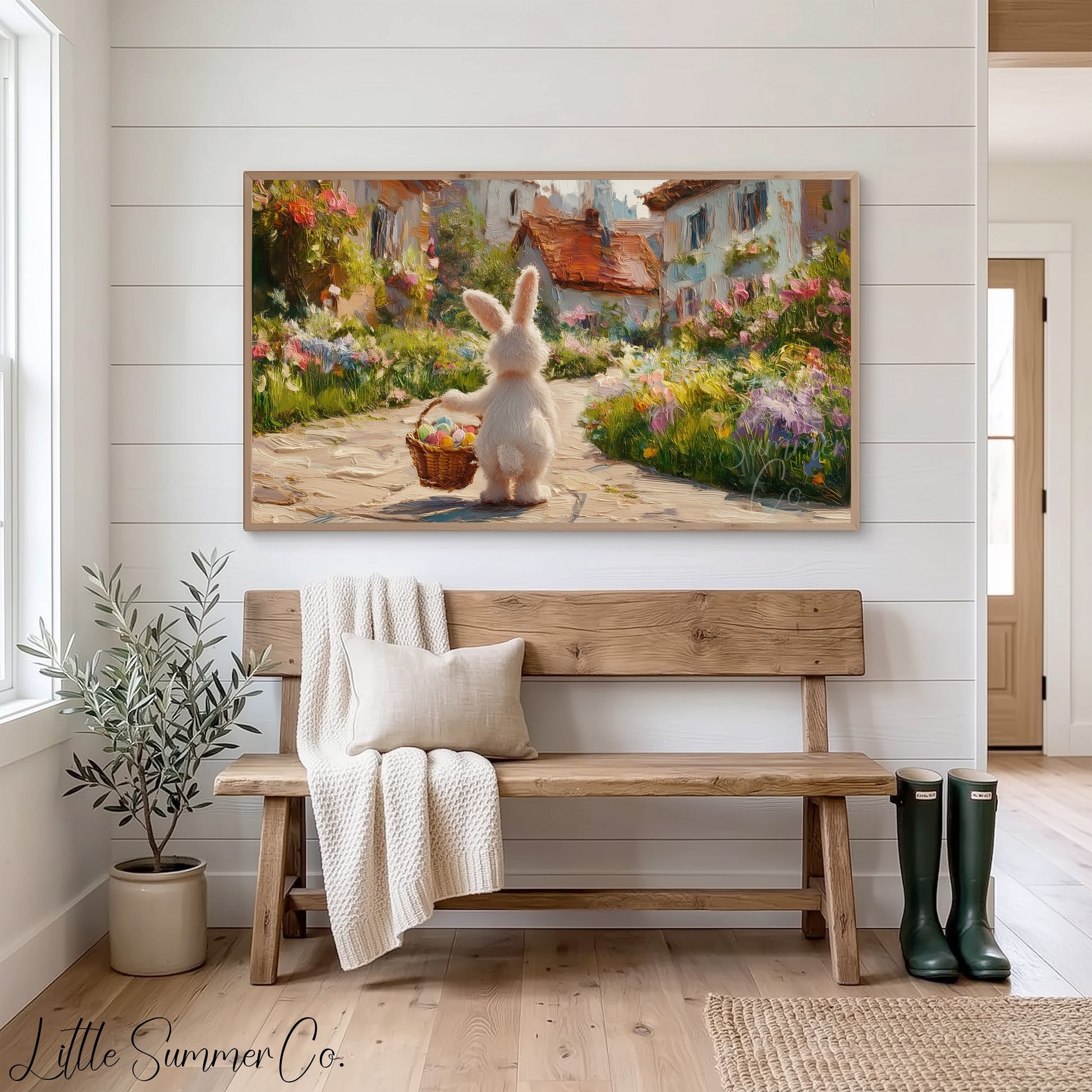 Easter Bunny Flower Village Frame TV Art displayed on a TV