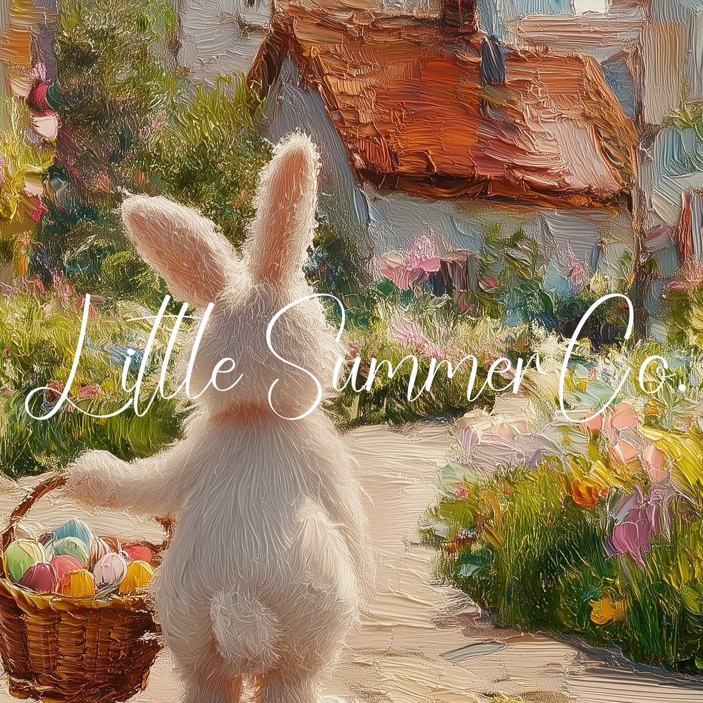 Easter Bunny Flower Village Frame TV Art displayed on a TV