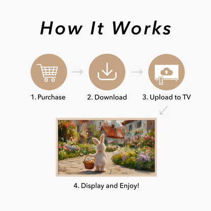 Easter Bunny Flower Village Frame TV Art displayed on a TV