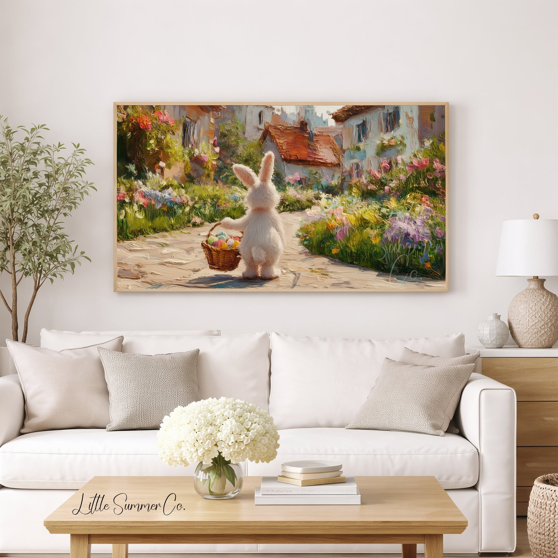 Easter Bunny Flower Village Frame TV Art displayed on a TV