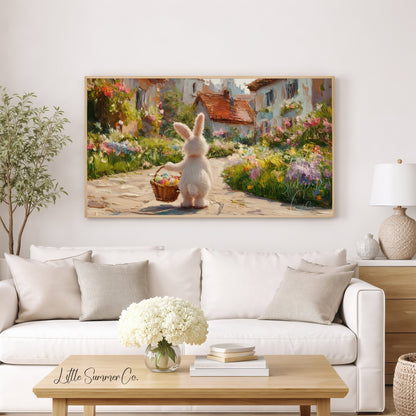 Easter Bunny Flower Village Frame TV Art displayed on a TV