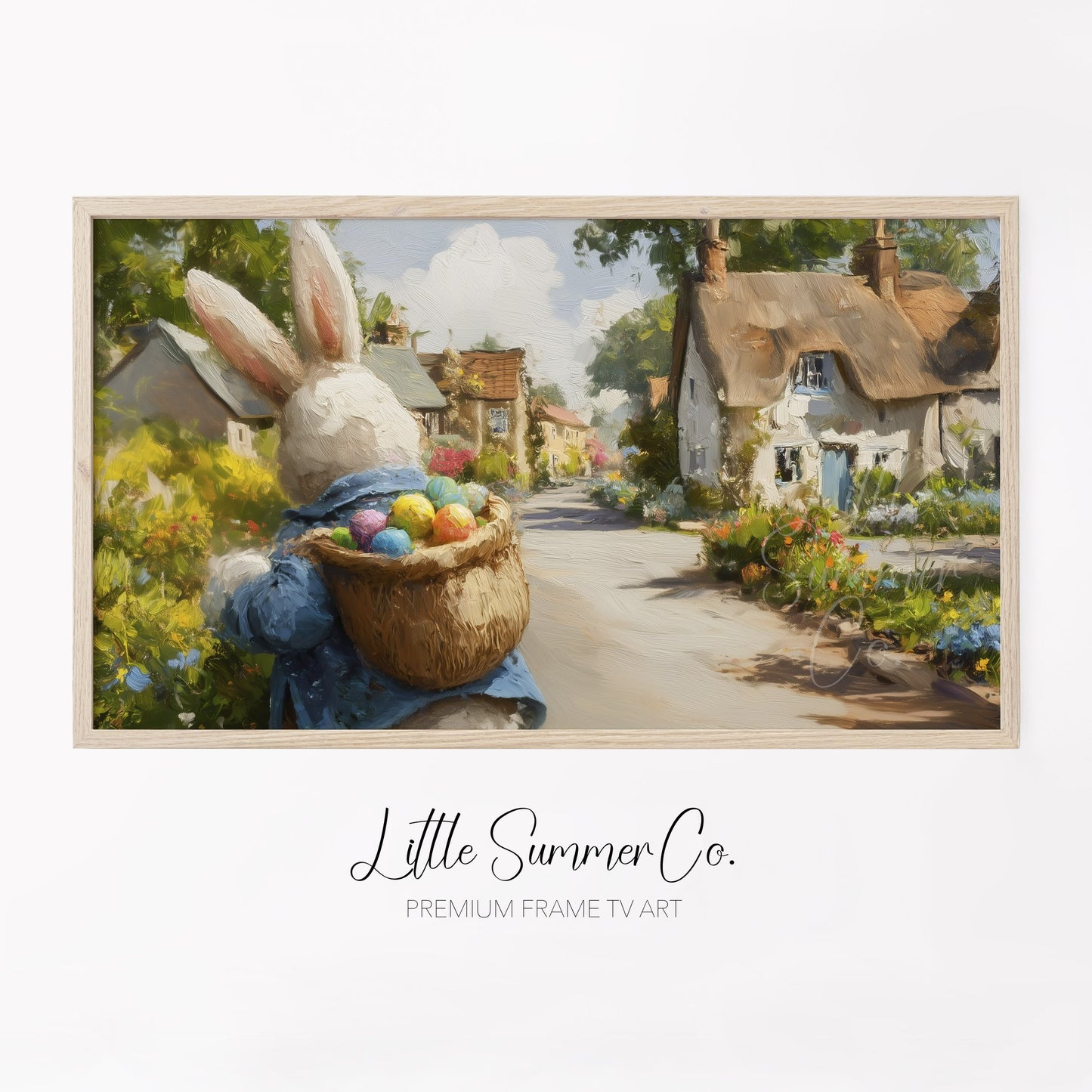 Easter Bunny Thatched Village Frame TV Art displayed on a TV