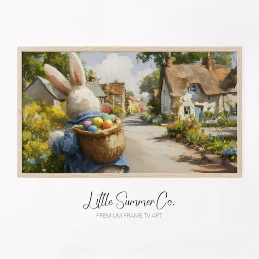 Easter Bunny Thatched Village Frame TV Art displayed on a TV