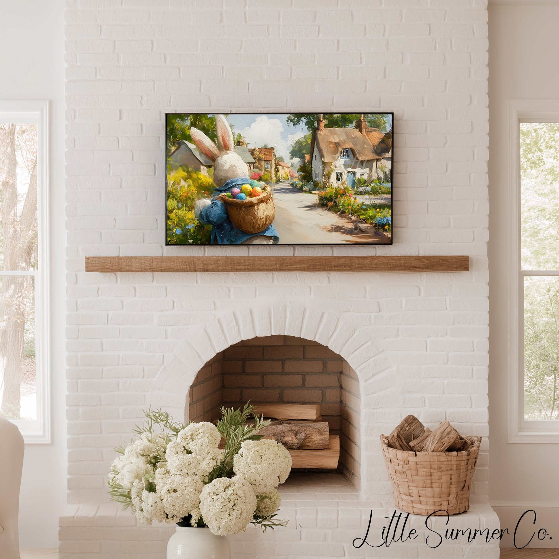 Easter Bunny Thatched Village Frame TV Art displayed on a TV