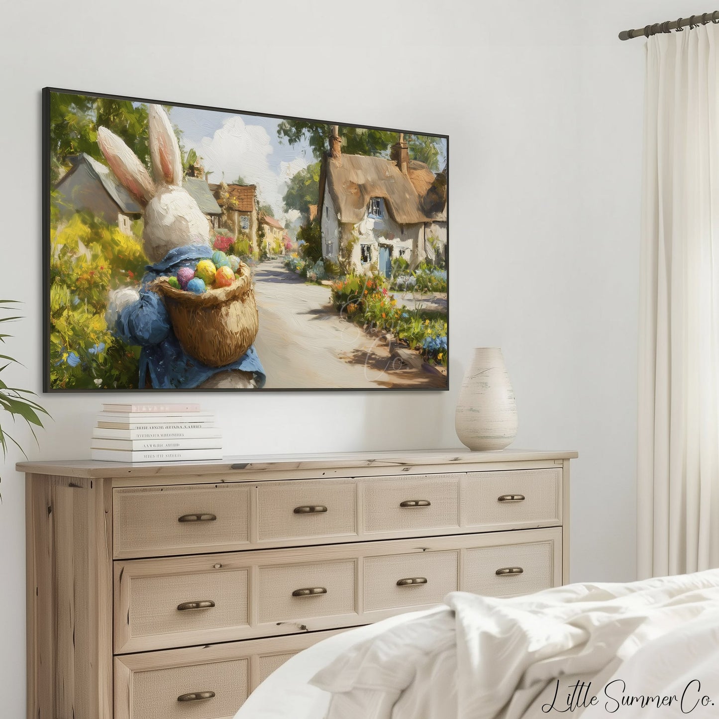 Easter Bunny Thatched Village Frame TV Art displayed on a TV