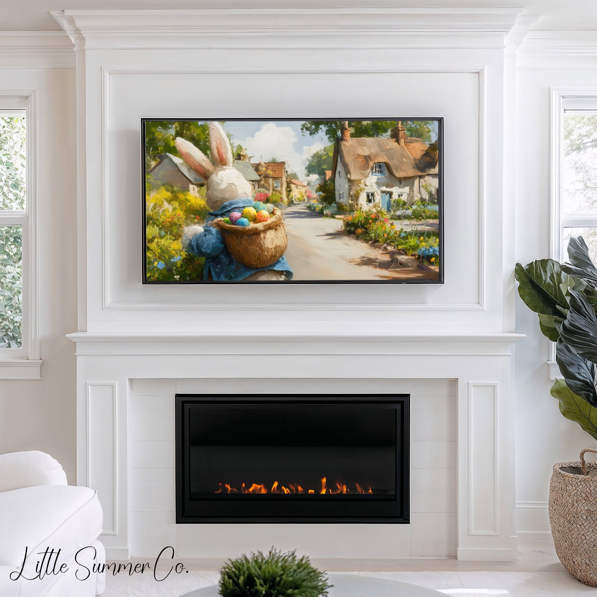 Easter Bunny Thatched Village Frame TV Art displayed on a TV