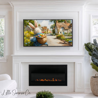 Easter Bunny Thatched Village Frame TV Art displayed on a TV
